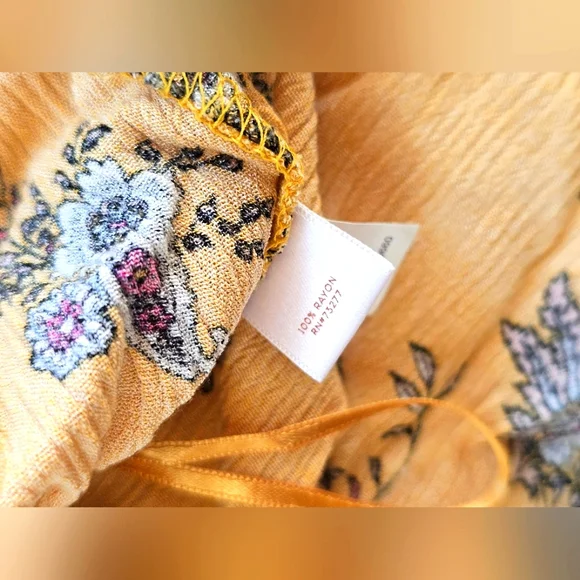 Lauren Conrad Mustard Yellow Floral Crinkle Flutter Ruffle Bell Sleeve Top Tie - Picture 10 of 10